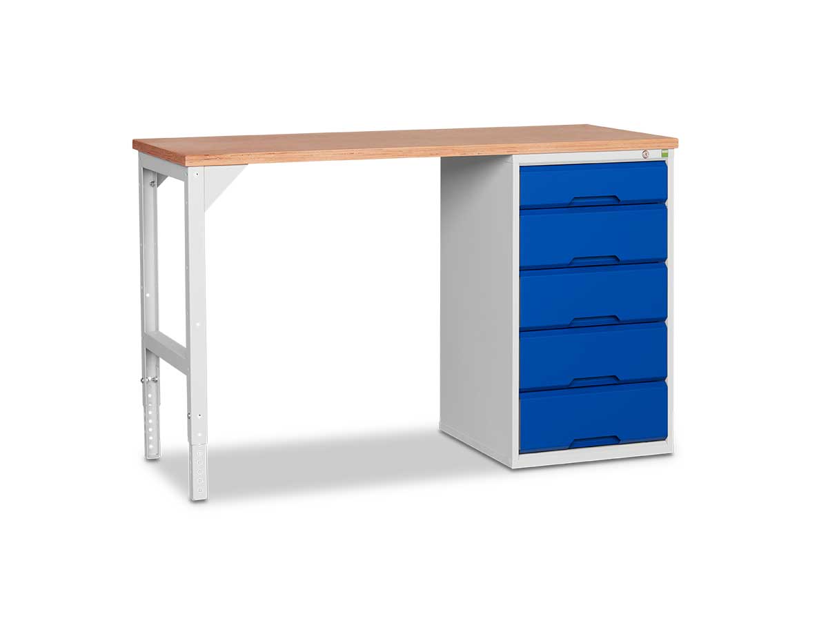verso Arbeitstisch mit Arbeitsplatte aus Linolium oder Buche-Multiplex sowie übersichtlichen Schubladen.